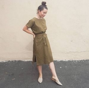 Olive Linen Midi Dress - Vintage Fabric